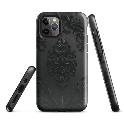 Black embossed damask phone case with gothic baroque pattern.