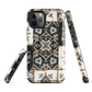 Moroccan tile pattern phone case in black, white, and gold tones with vintage-inspired design.