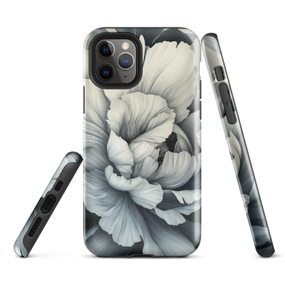 Black and white floral phone case featuring a soft, moody peony design by New Zealand artist Ben Hart.
