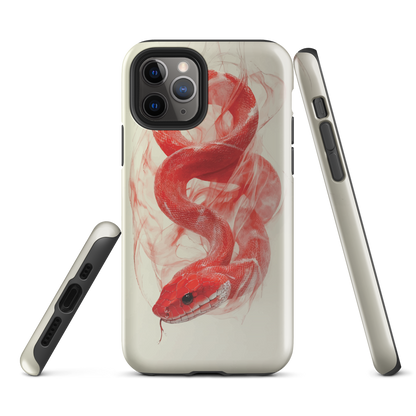 Phone case with red snake design on a cream background, coiled in smoky detail. Bold artwork by NZ designer Ben Hart.