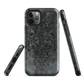 Dark damask patterned phone case with a vintage gothic aesthetic and textured stone background.