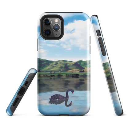 Phone case with a black swan on a calm lake, New Zealand hills in the background. Art by NZ designer Ben Hart.