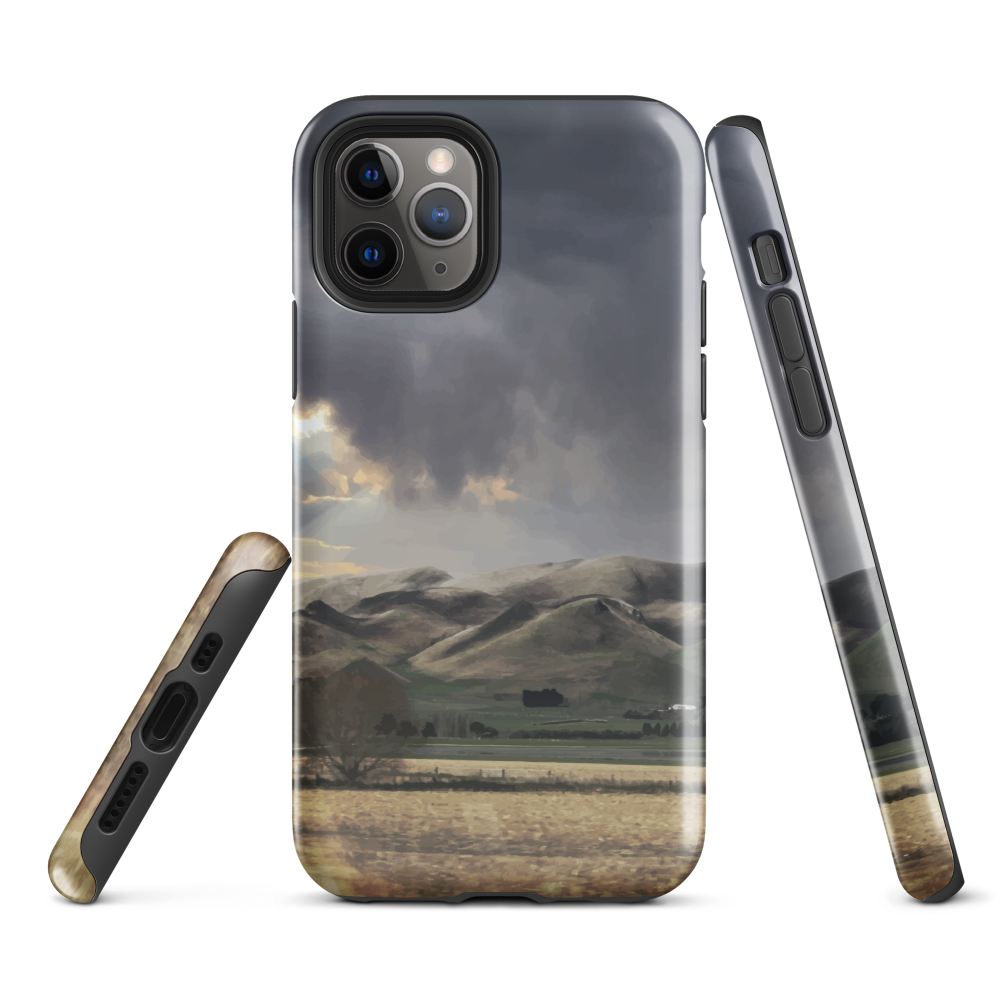 Designer phone case with NZ landscape painting of Te Hauke and cloudy skies by Ben Hart.