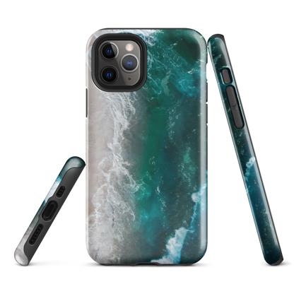 Ocean wave phone case with abstract beach design in teal and white, by NZ artist Ben Hart.