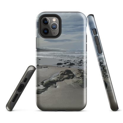 Phone case with artwork of Riversdale Beach, Masterton – rocks, waves and sky by NZ artist Ben Hart.