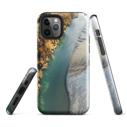 Phone case with aerial riverbend artwork and earthy tones, designed by New Zealand artist Ben Hart.
