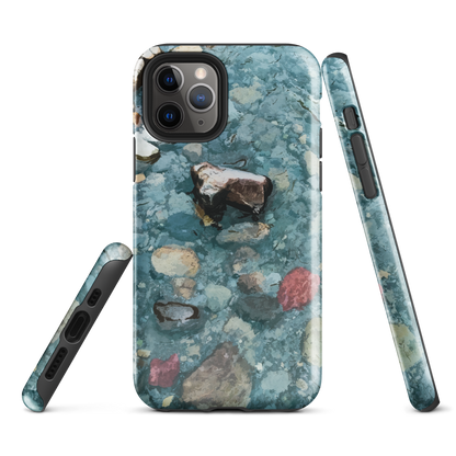 Washed Away designer phone case with abstract river stone artwork in earthy blues and natural tones.
