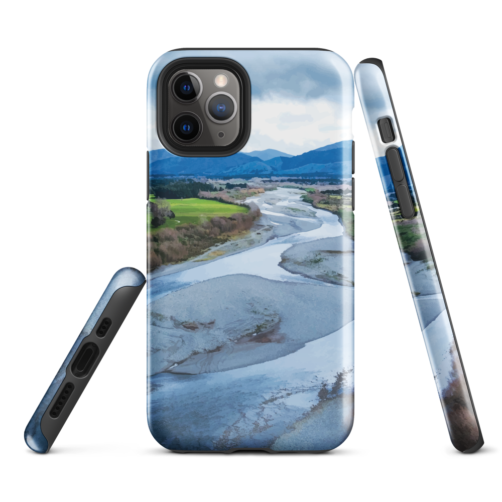 Waiohine phone case featuring artwork of New Zealand’s braided riverbed landscape in the Wairarapa.