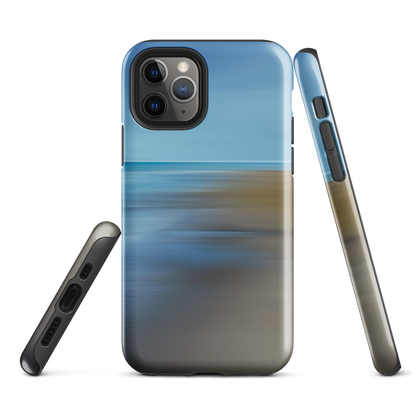 Ocean Breeze phone case with abstract blue and sandy tones inspired by sea and sky.
