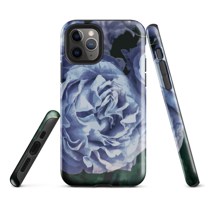 Designer phone case with a bold blue rose artwork and glossy finish.