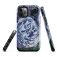 Designer phone case with a bold blue rose artwork and glossy finish.