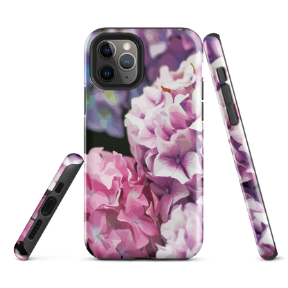 Designer phone case with pink and purple hydrangea floral artwork.