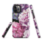 Designer phone case with pink and purple hydrangea floral artwork.
