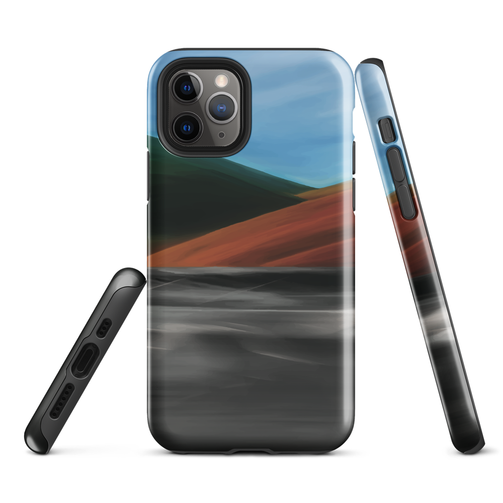 Phone case with abstract red, green, and blue heat wave landscape design.