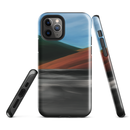 Phone case with abstract red, green, and blue heat wave landscape design.