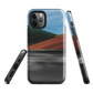 Phone case with abstract red, green, and blue heat wave landscape design.