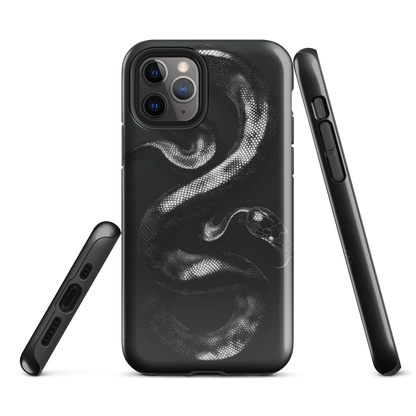 Phone case with detailed black python design on dark background.