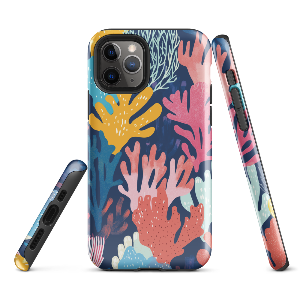 Colourful coral reef phone case design in pink, blue and yellow by NZ artist Ben Hart