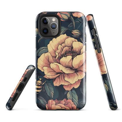 Phone case with vintage-style pink roses and bees on dark background, floral New Zealand artwork.