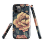 Phone case with vintage-style pink roses and bees on dark background, floral New Zealand artwork.