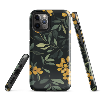 NZ Kowhai phone case with native yellow floral and green leaves on black background by designer Ben Hart.