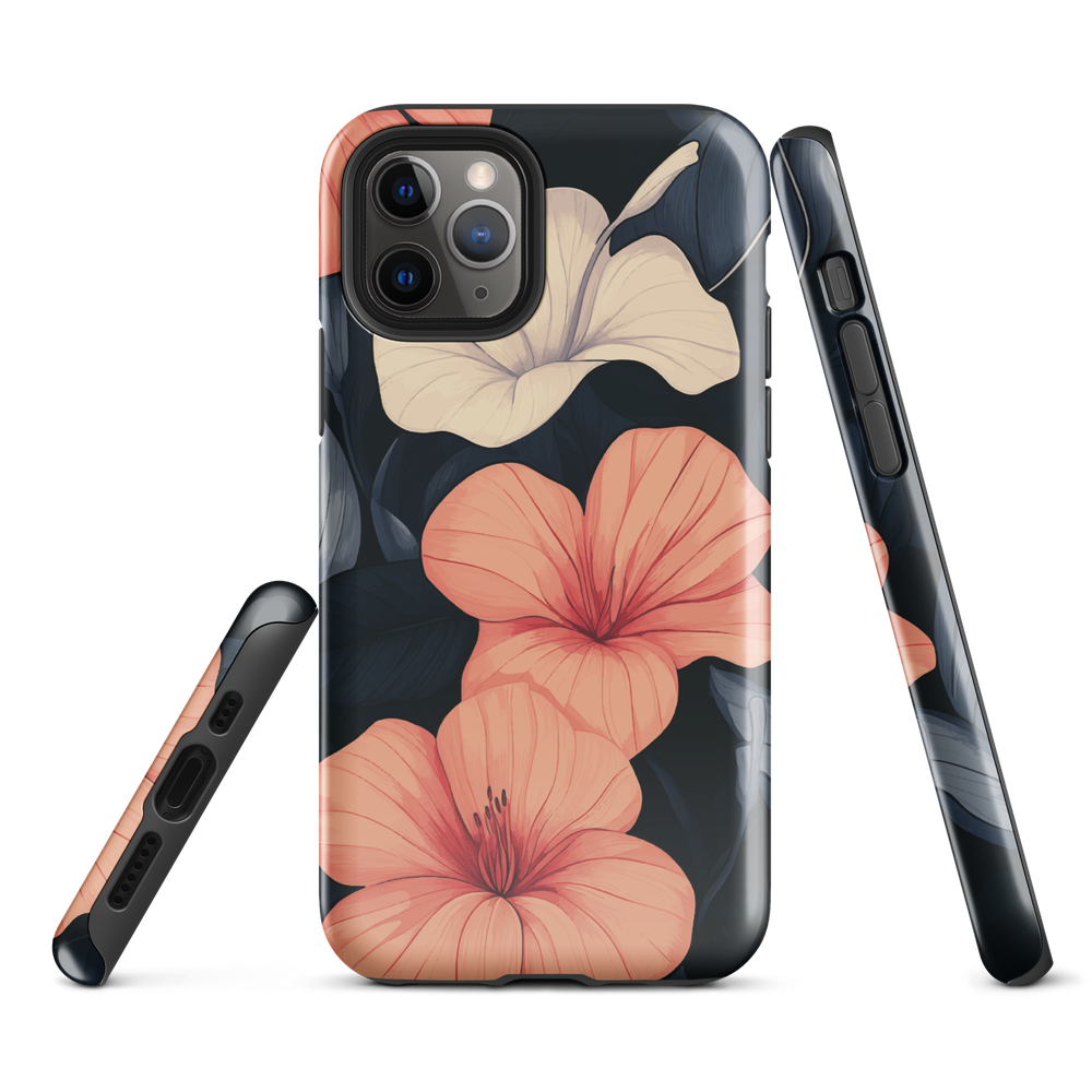 Phone case with coral hibiscus flowers and ivory blooms on dark background