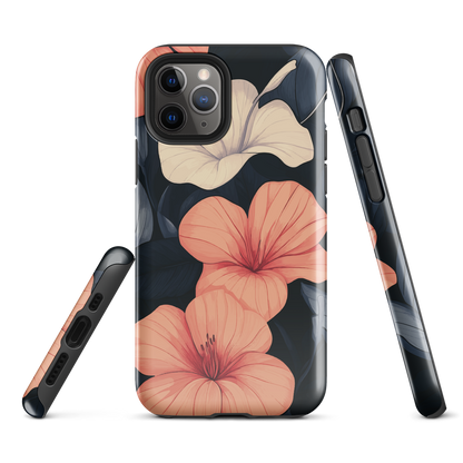 Phone case with coral hibiscus flowers and ivory blooms on dark background