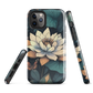 Phone case with ivory water lily, green leaves, and butterfly accents on dark background