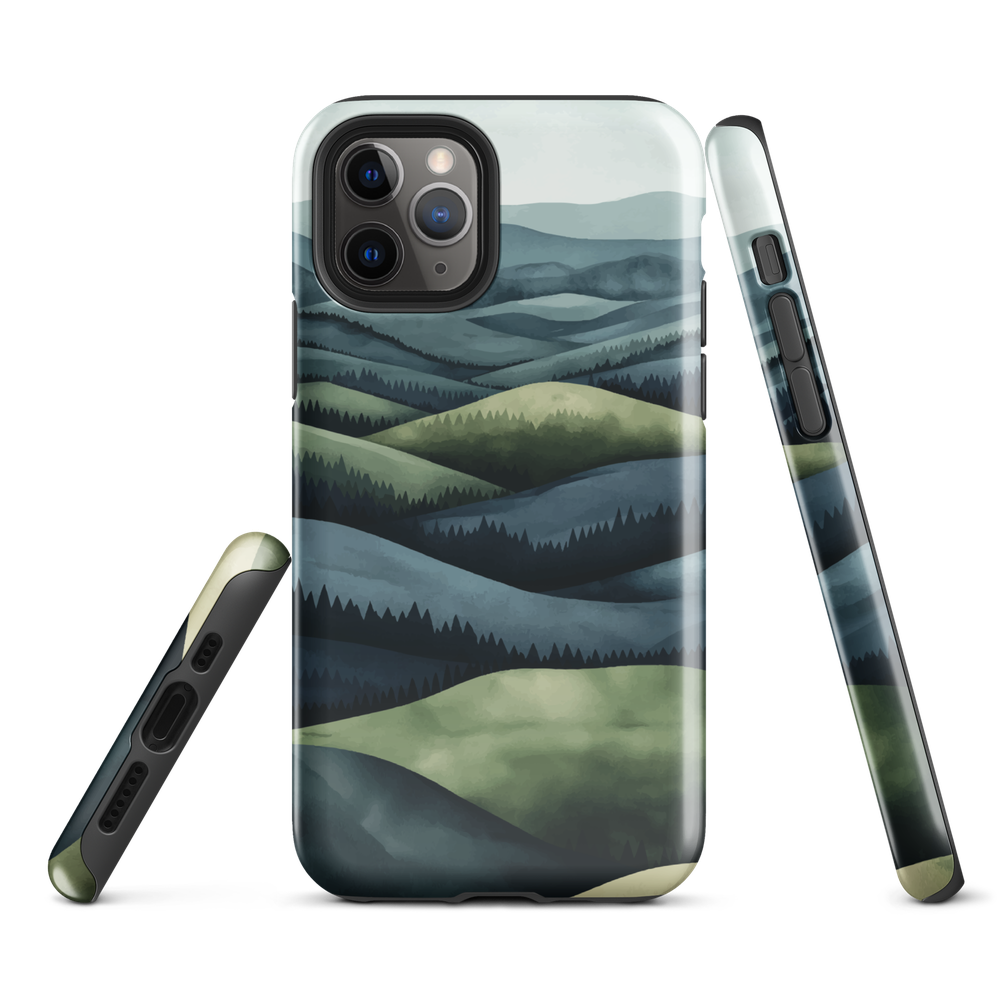 Phone case with layered mountain and forest landscape in blue and green hues