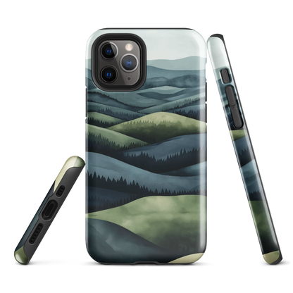 Phone case with layered mountain and forest landscape in blue and green hues