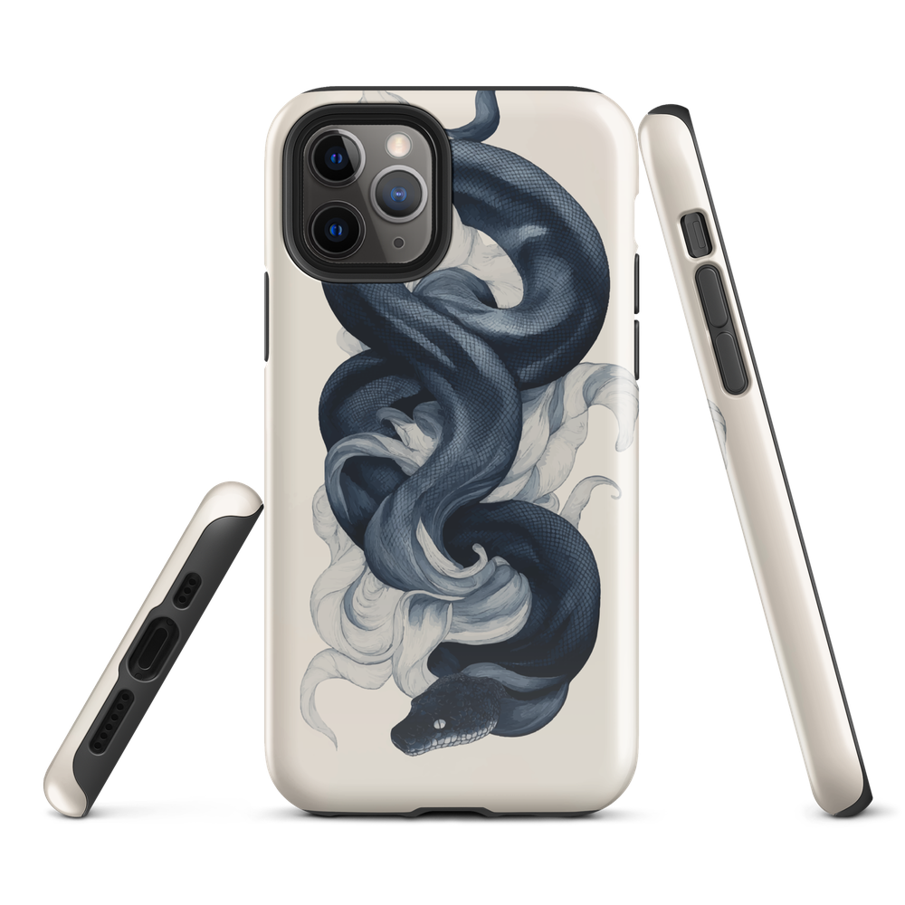 Phone case with black python and smoke design on cream background