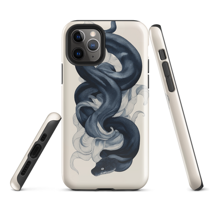 Phone case with black python and smoke design on cream background
