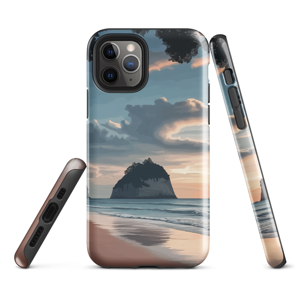 Phone case with Cathedral Cove beach and sunset scene, featuring soft skies and sea stack