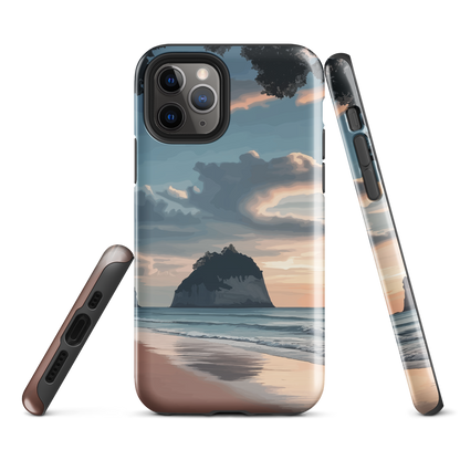 Phone case with Cathedral Cove beach and sunset scene, featuring soft skies and sea stack