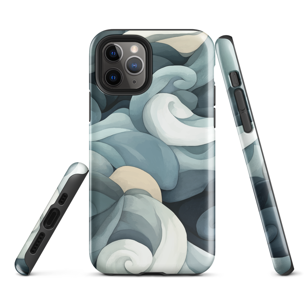 Phone case with abstract swirling ocean waves in blue and cream