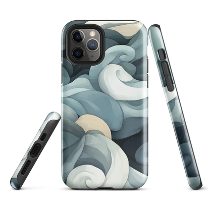 Phone case with abstract swirling ocean waves in blue and cream