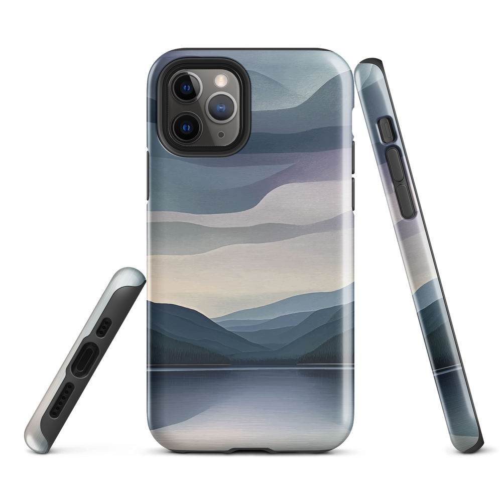 Phone case with moody blue and purple layered mountain and lake landscape artwork