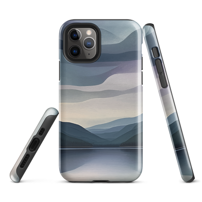 Phone case with moody blue and purple layered mountain and lake landscape artwork