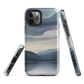 Phone case with moody blue and purple layered mountain and lake landscape artwork