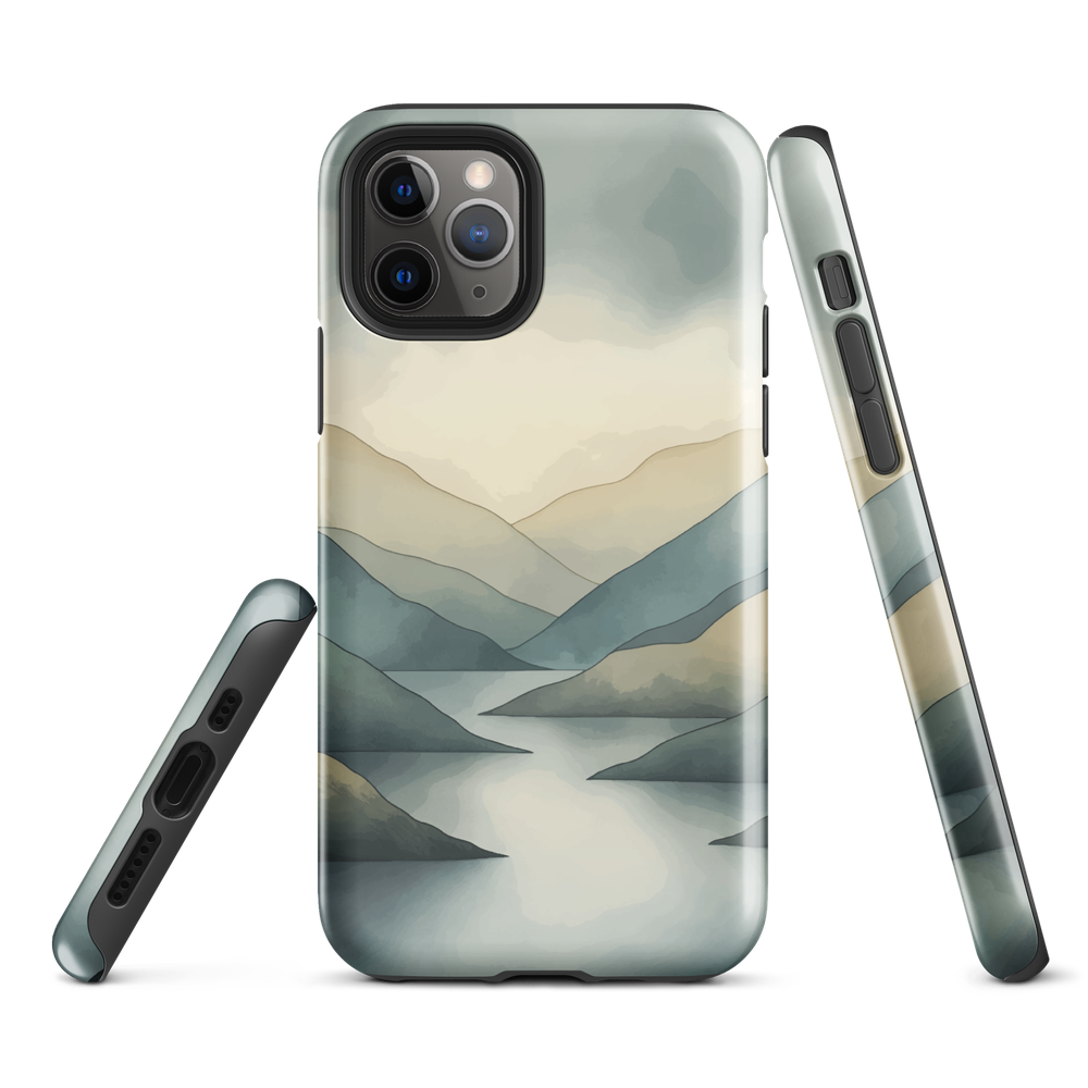 Phone case with soft mountain and valley design in misty green, blue, and golden tones