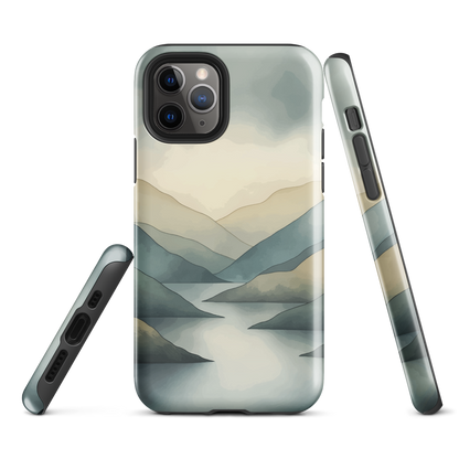 Phone case with soft mountain and valley design in misty green, blue, and golden tones