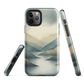Phone case with soft mountain and valley design in misty green, blue, and golden tones