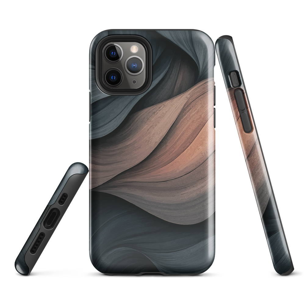 Phone case with flowing abstract design in black, copper and charcoal tones, inspired by dusk shadows