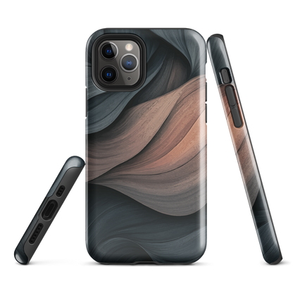 Phone case with flowing abstract design in black, copper and charcoal tones, inspired by dusk shadows