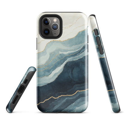 An elegant abstract phone case inspired by layered coastal forms in blue and teal tones.