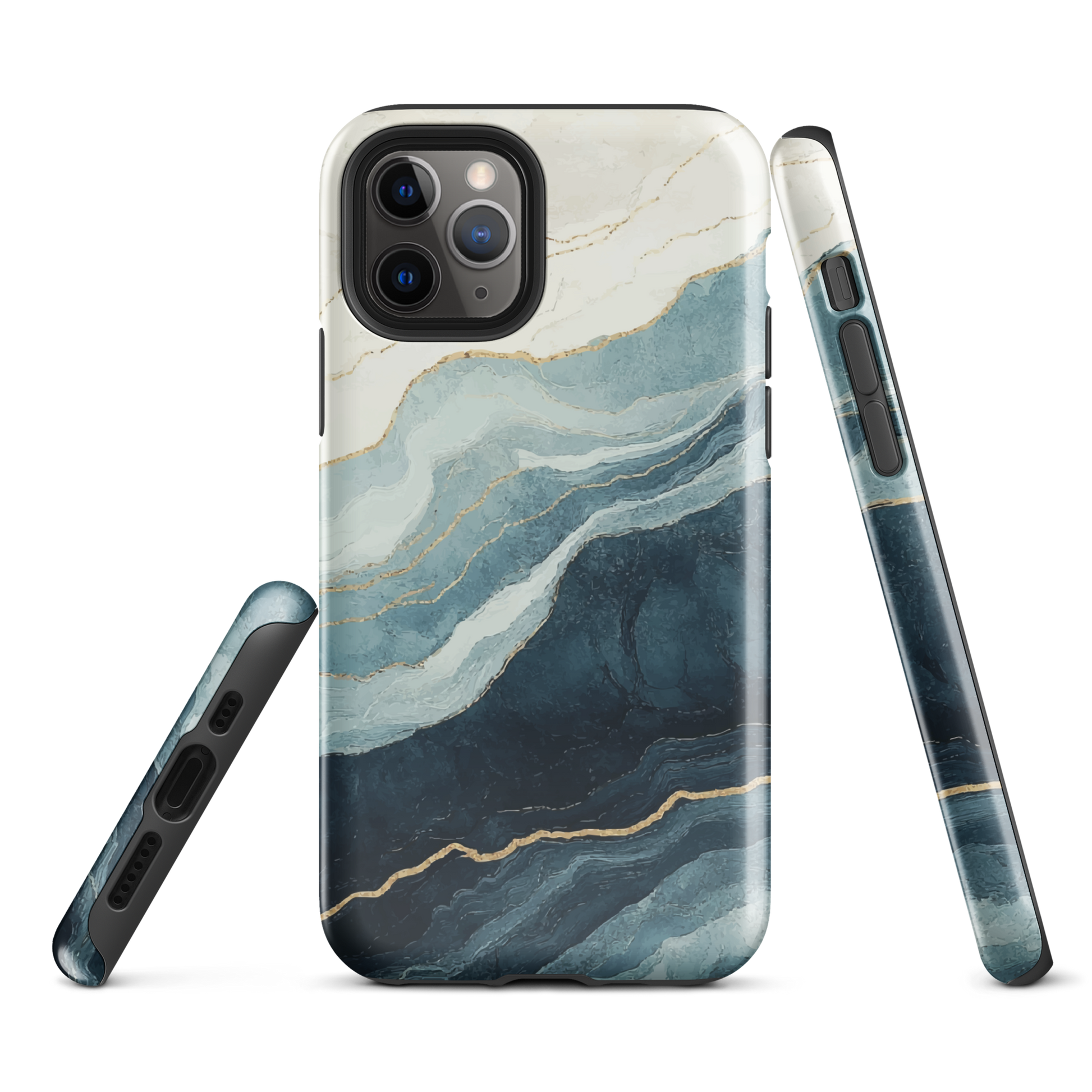 An elegant abstract phone case inspired by layered coastal forms in blue and teal tones.