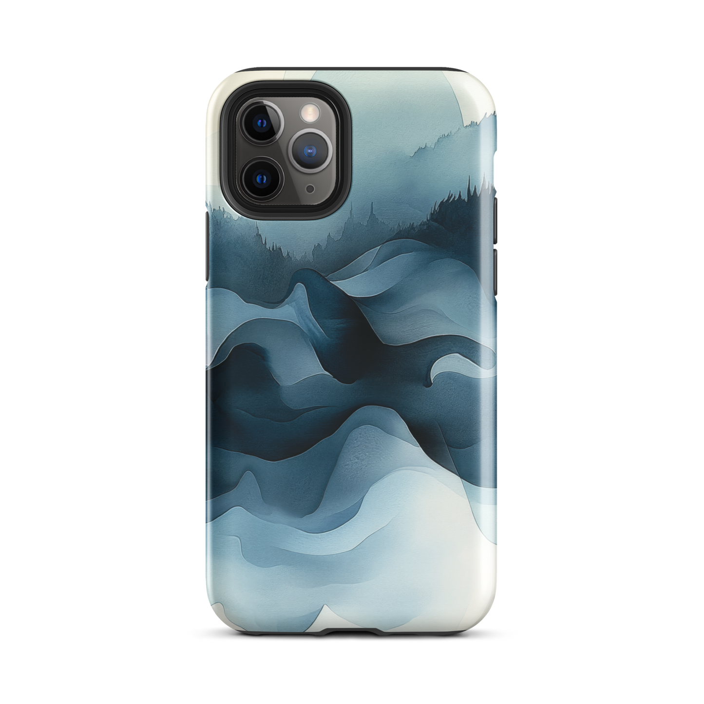 A calming abstract landscape protective phone case inspired by quiet valleys and soft blue tones.