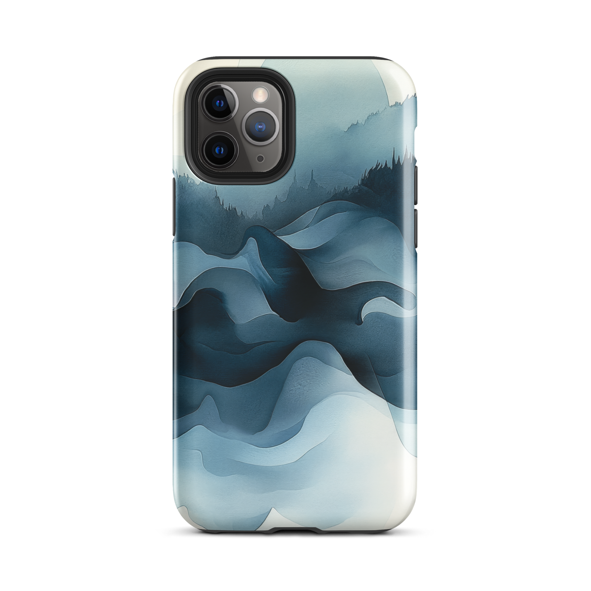 A calming abstract landscape protective phone case inspired by quiet valleys and soft blue tones.