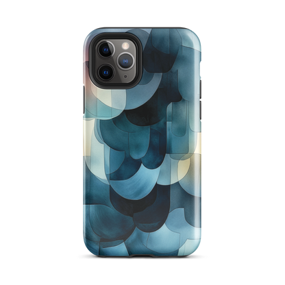 A modern abstract phone case featuring layered blue forms and soft flowing shapes.