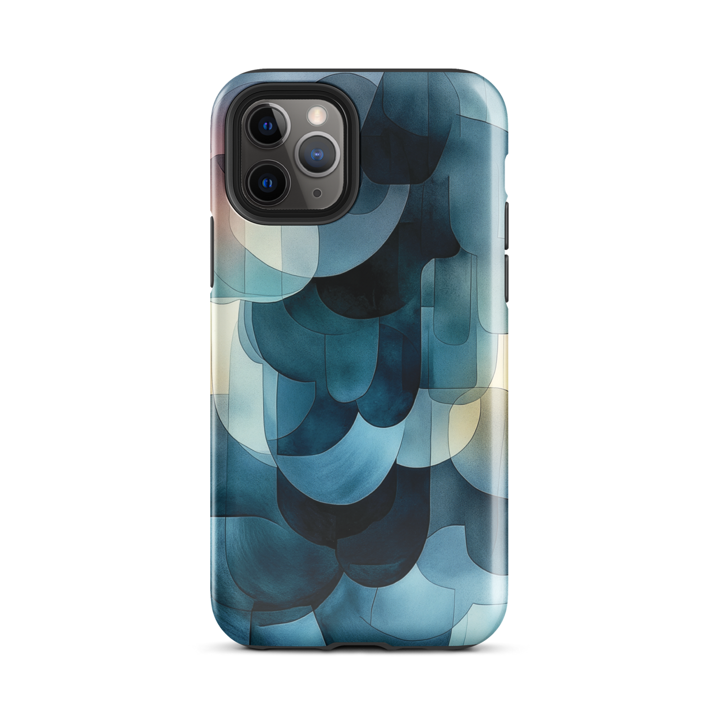 A modern abstract phone case featuring layered blue forms and soft flowing shapes.
